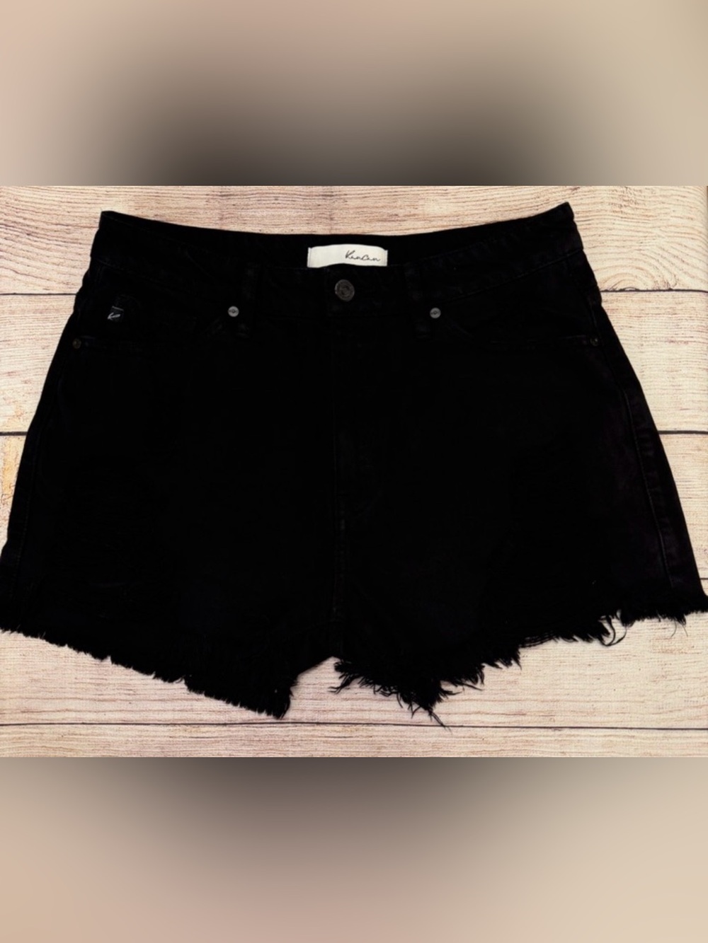 KanCan Black Distressed Denim Shorts with Logo Plate